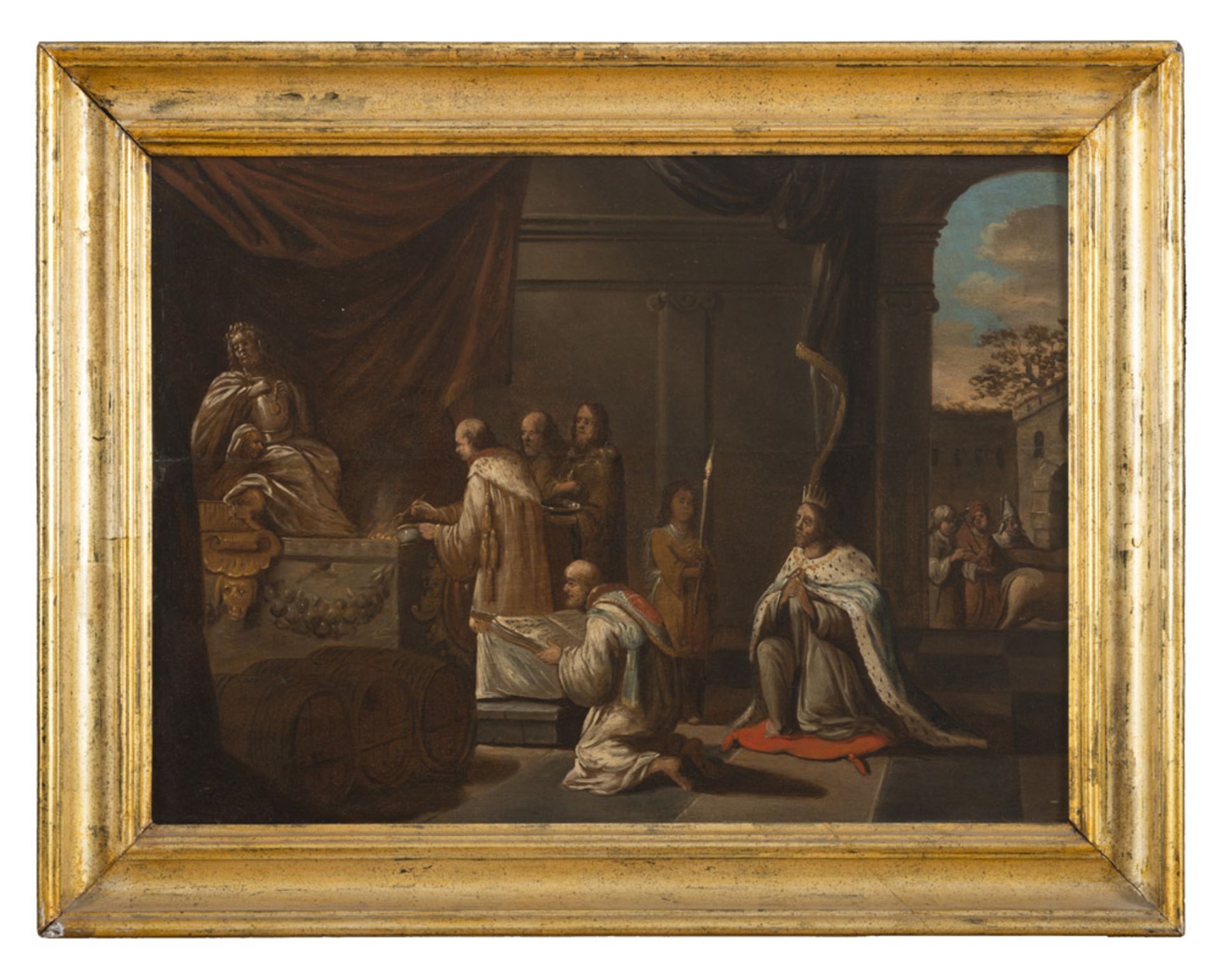 DUTCH PAINTER, 17TH CENTURY SOLOMON ADORING THE IDOLS Oil in panel cm. 47 x 65 Gilded frame