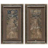 A PAIR OF AUBOUSSON TAPESTRY FRAGMENTS, 16TH CENTURY representing figures of women with book in