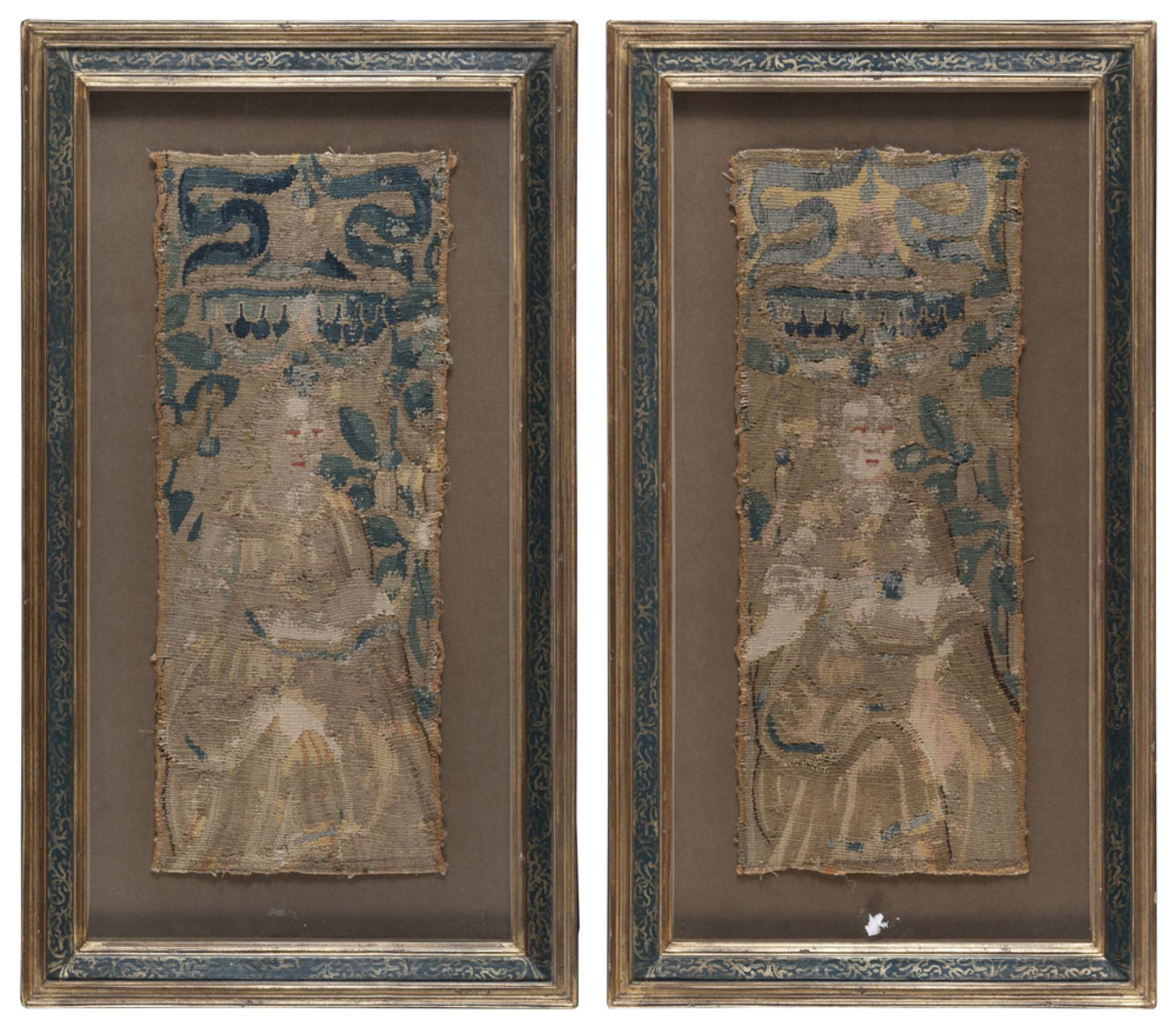 A PAIR OF AUBOUSSON TAPESTRY FRAGMENTS, 16TH CENTURY representing figures of women with book in