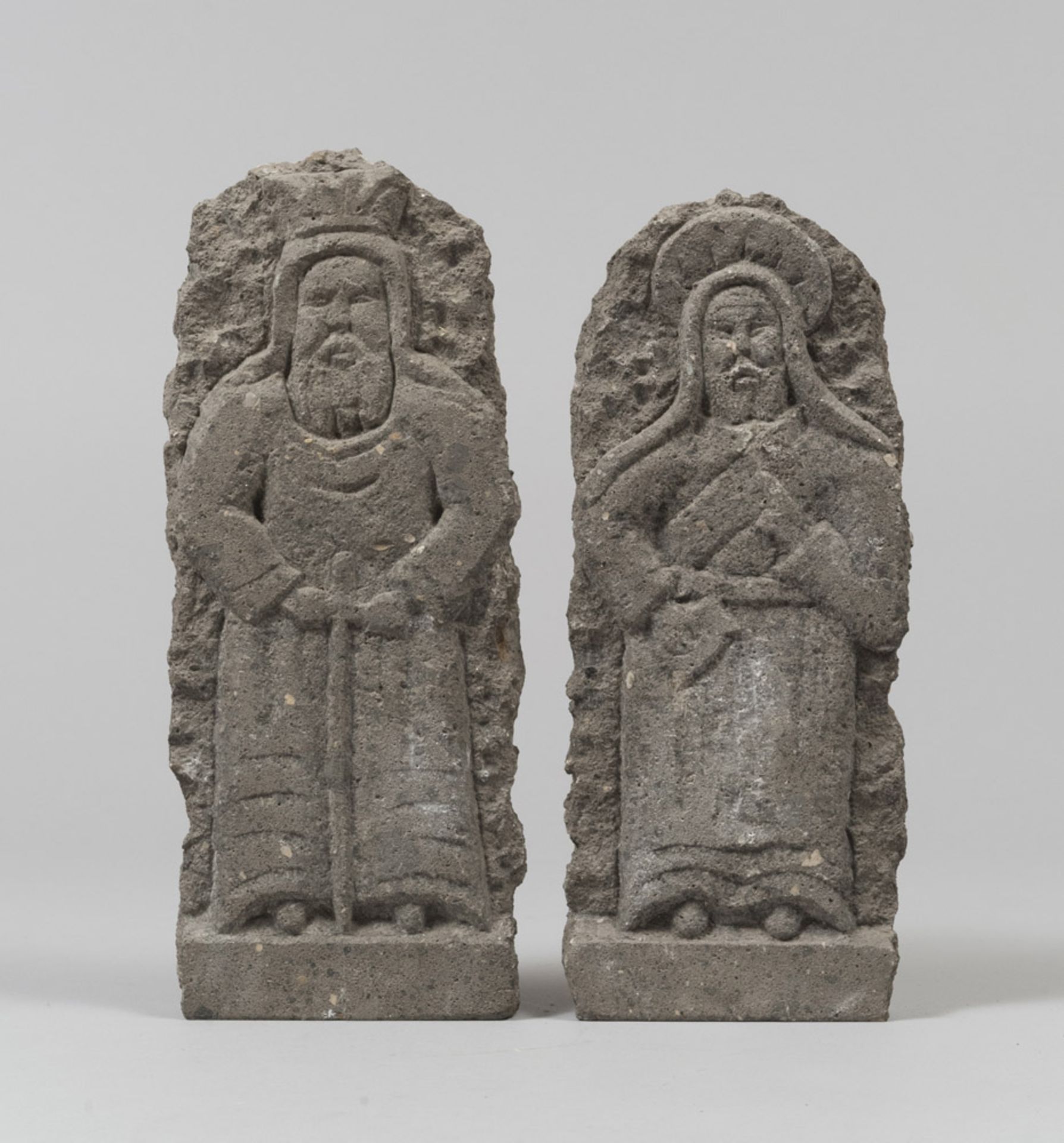 A PAIR OF PEPERINO-MARBLE BASS-RELIEVES, MEDIEVAL STYLE LATE 19TH CENTURY Sculptured to figures of