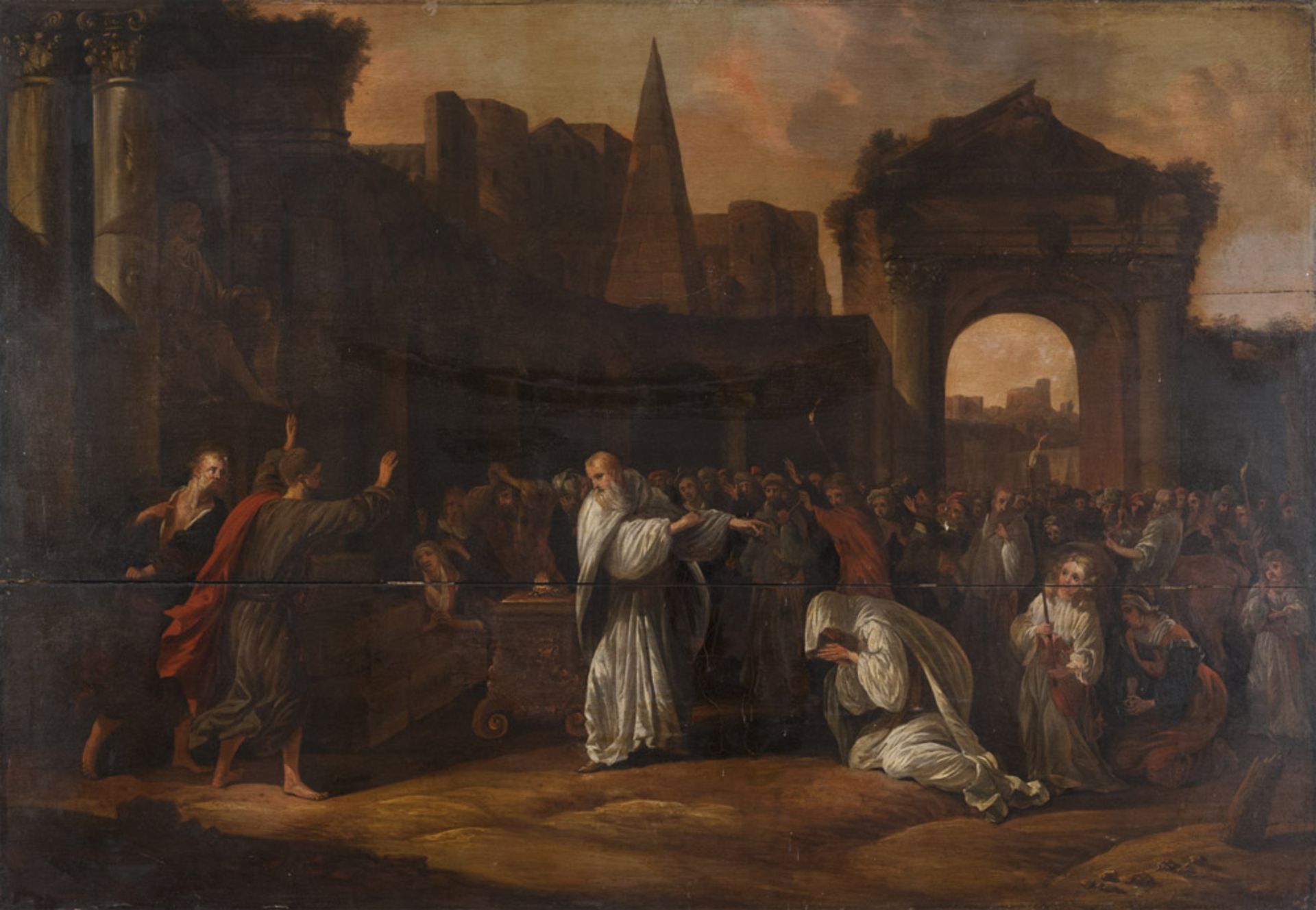 DUTCH PAINTER, 18TH CENTURY ADORATION OF THE PAGAN IDOLS Oil on panel cm. 75 x 107 PROVENANCE