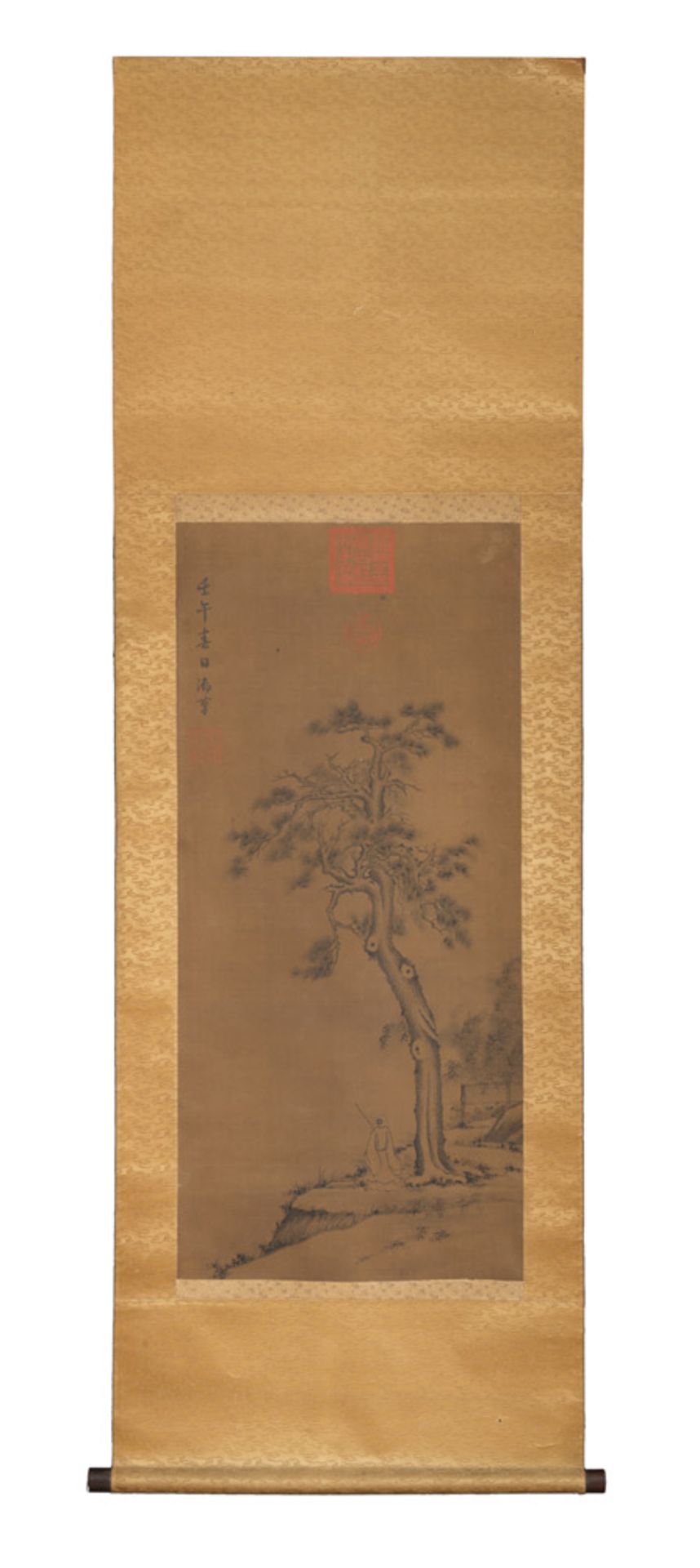 CHINESE SCHOOL, 18TH CENTURY LANDSCAPE WITH PINE TREE  Mixed media on silk, cm.  170 x 56 SCUOLA