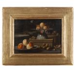 EVARISTO BASCHENIS (Bergamo 1617 - 1677) STILL-LIFE OF FLOWERS, FRUIT AND DISHES Oil on canvas cm.