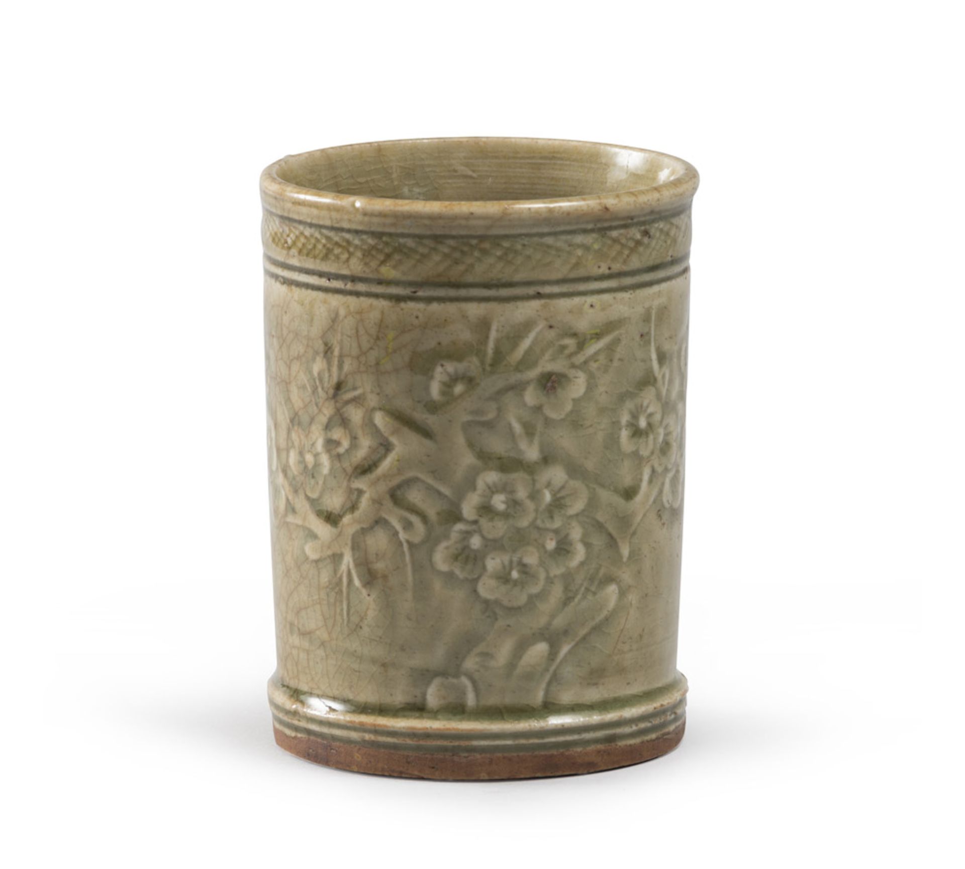 A CHINESE CELADON CERAMIC BRUSH HOLDER, 20TH CENTURY