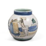 VASO IN CERAMICA DIPINTA, ANNI '50 - con scena marina - Misure cm. 16 x 16 - Sigla [...]