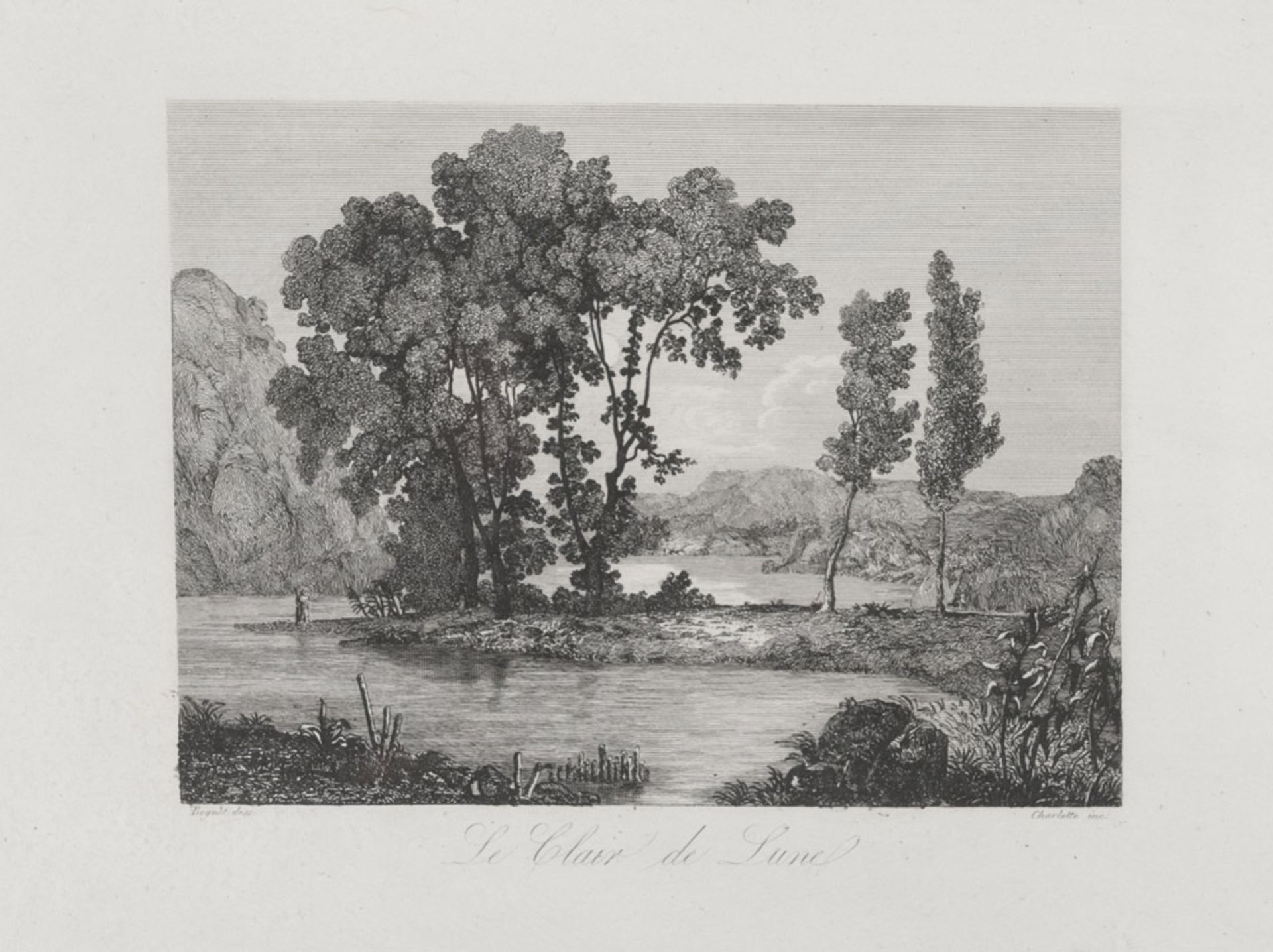 French engraver, late 19th century. Building of the Cesaris. Lake view with inlet and figure.