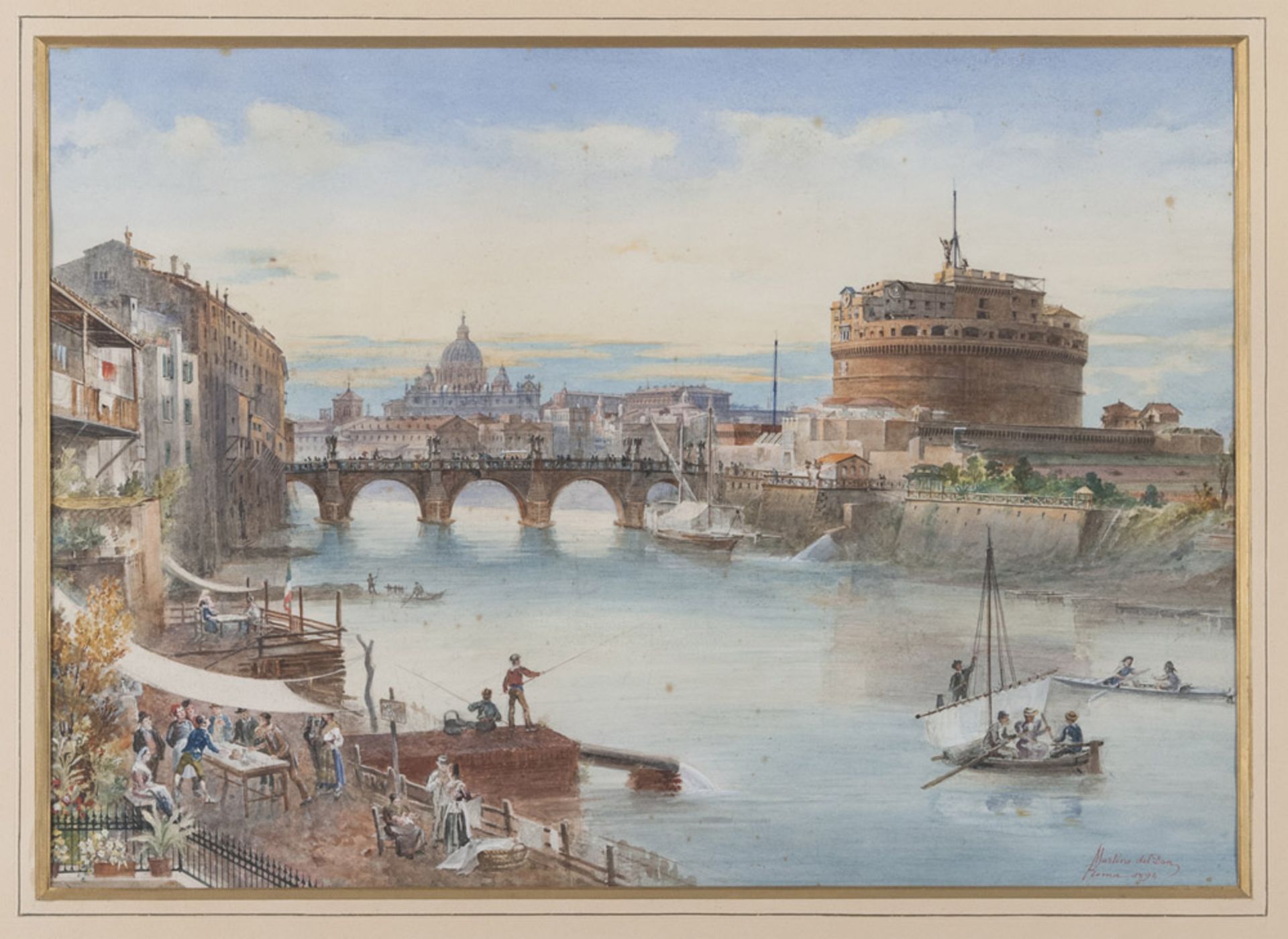 Martino Del Don (Italy, 19th century). View of Castel sant'Angelo from the Tiber with scenes of