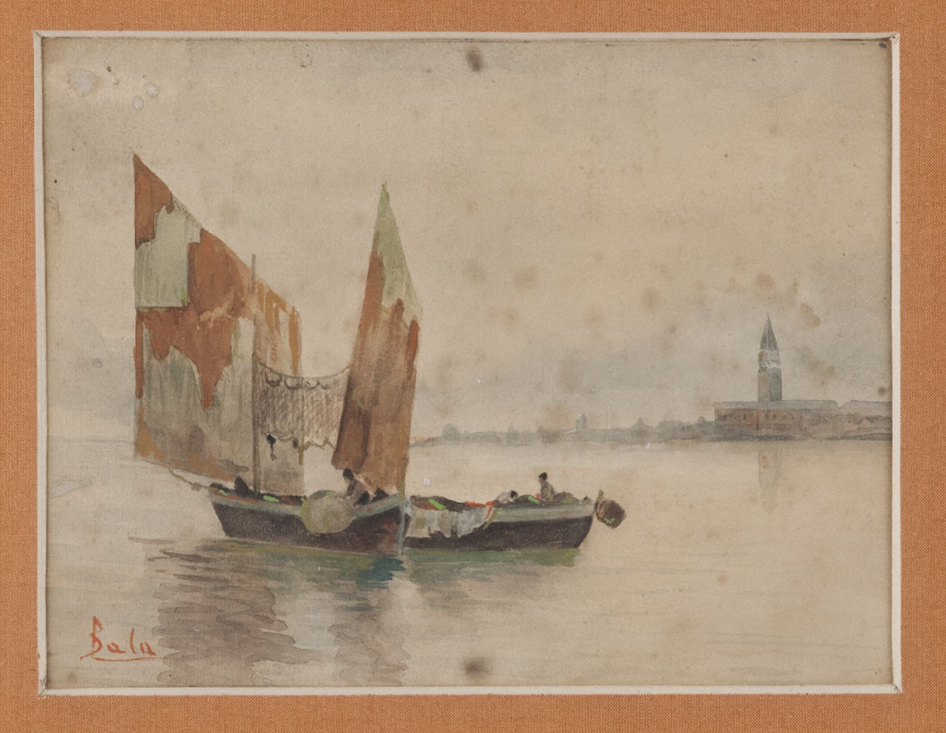Paolo Sala (Milan 1859 - 1924). Fishermen in the lagoon in Venice. Water-color on paper, cm. 18 x