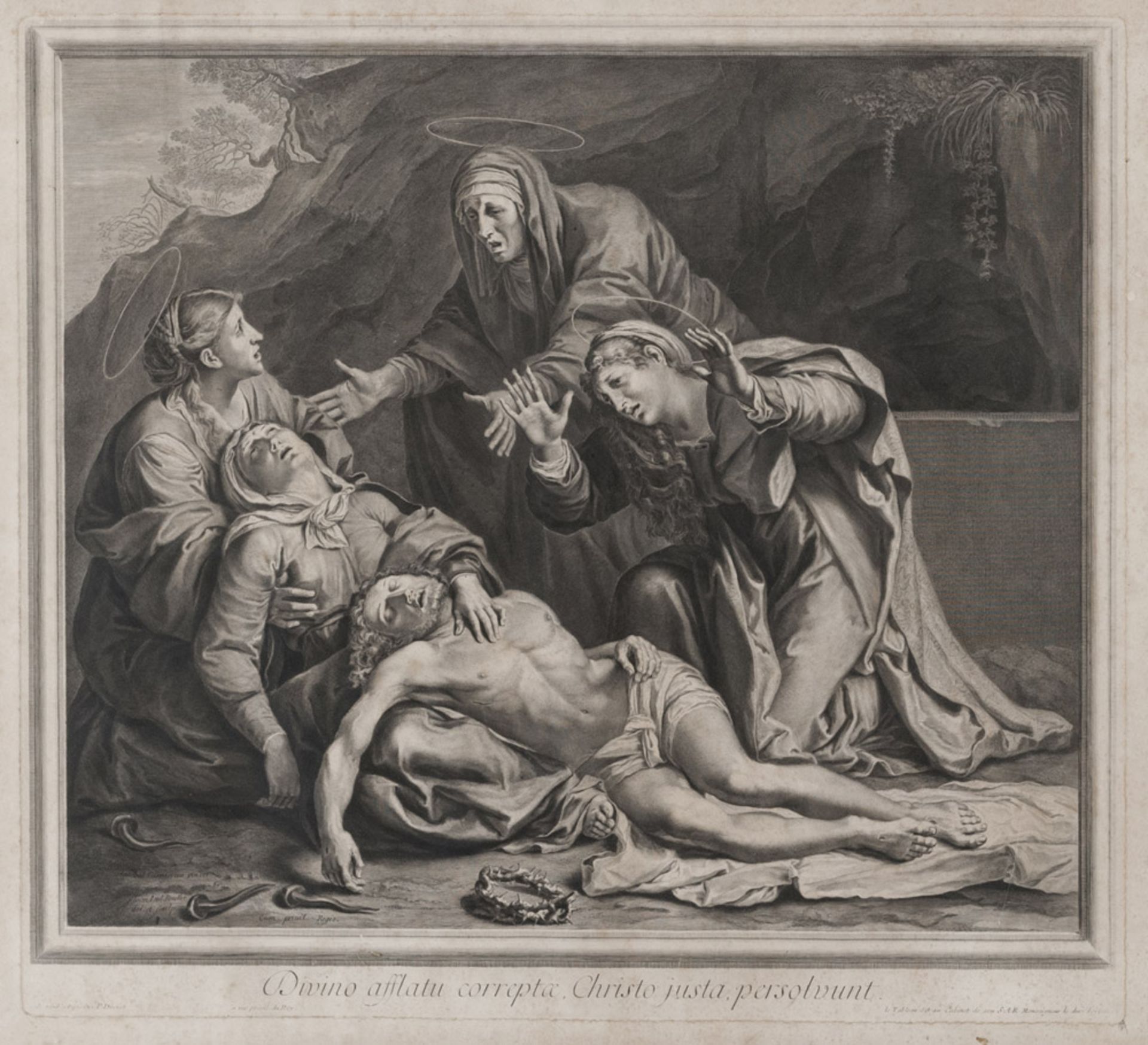 Jean Louis Roullet (Arles 1645 - Paris 1699). Lamented on the died Christ. Etching, cm. 64 x 77.JEAN