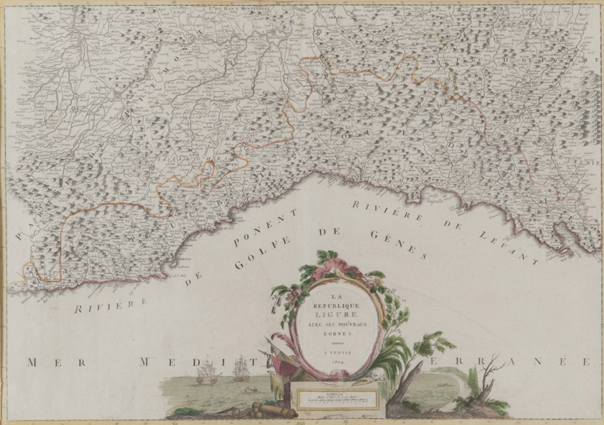 French engraver, early 19th century. Ligure Republic. Color geographical print, cm. 45 x 66.INCISORE