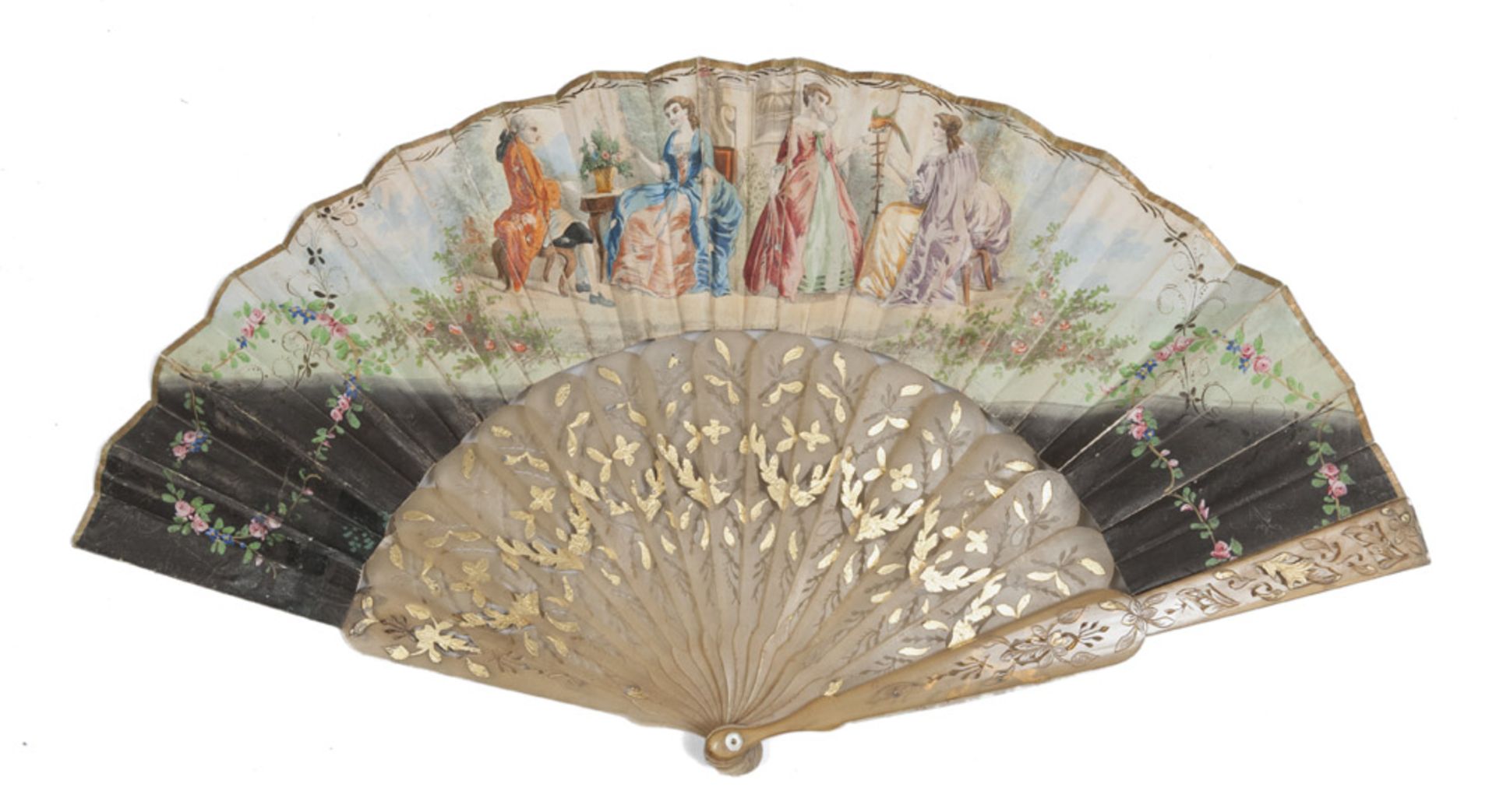 Fan in painted paper with sticks in amber, 19th century. Measures cm. 27 x 49.VENTAGLIO IN CARTA