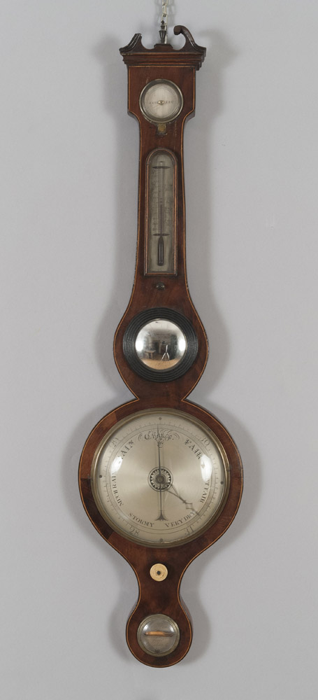 Mahogany Barometer and thermometer with satin wood edging, late England 19th century. Measures cm.