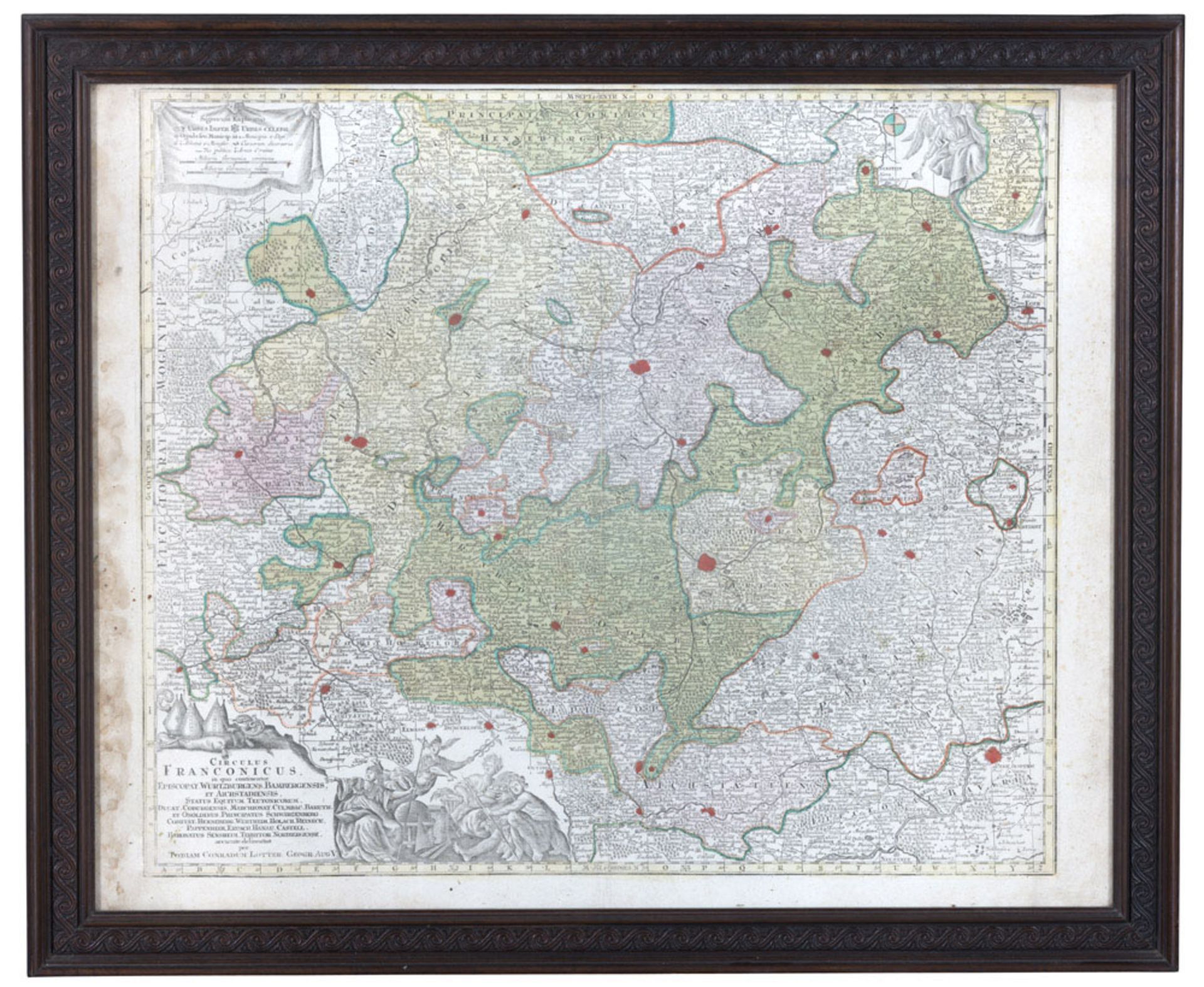 European engraver 18th century. Francophone circle. Coloured geographical print, cm. 50 x 60.