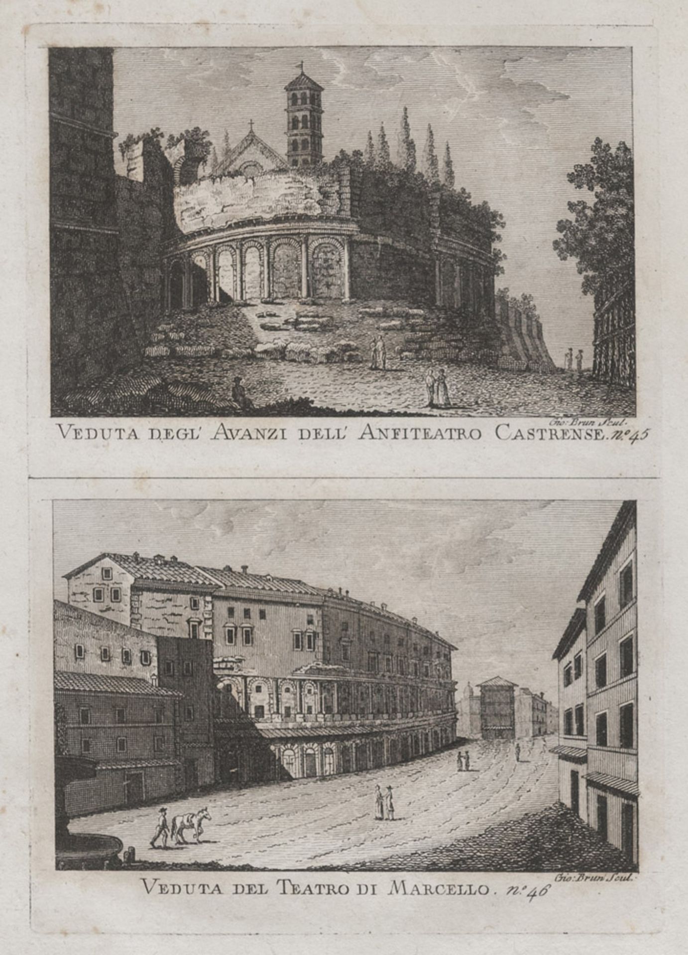 Italian engraver, late 18th century. Views of Rome. Six prints in three sheets, cm. 10 x 14.INCISORE