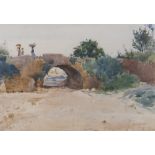 Umberto Coromaldi (Rome 1870 - 1948). Bridge near river in shallow water with farmers.