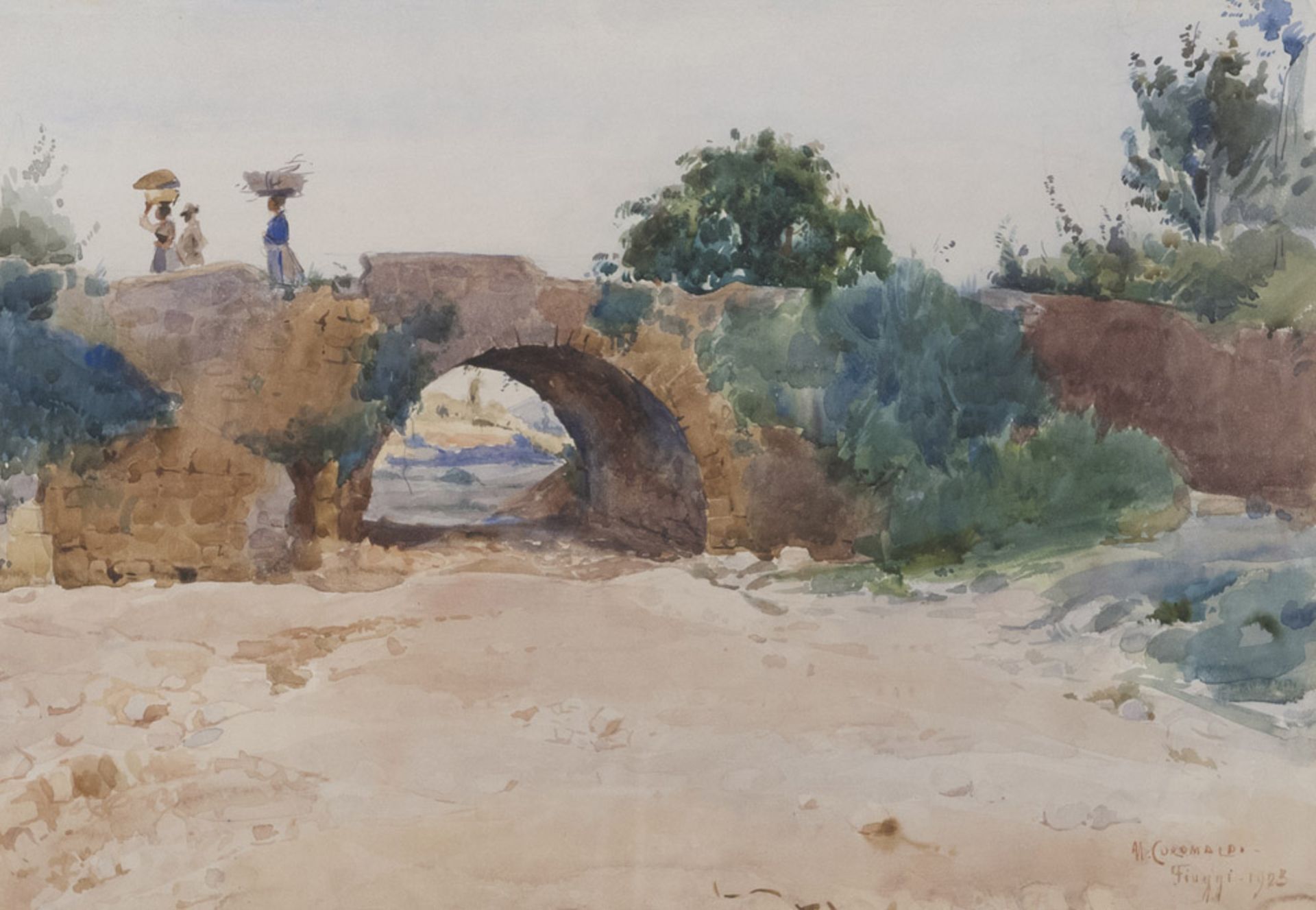 Umberto Coromaldi (Rome 1870 - 1948). Bridge near river in shallow water with farmers.