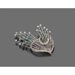 White gold brooch 18 kt. With micro-beads and turquoise. Measurements cm. 5.5 x 3.5, total weight