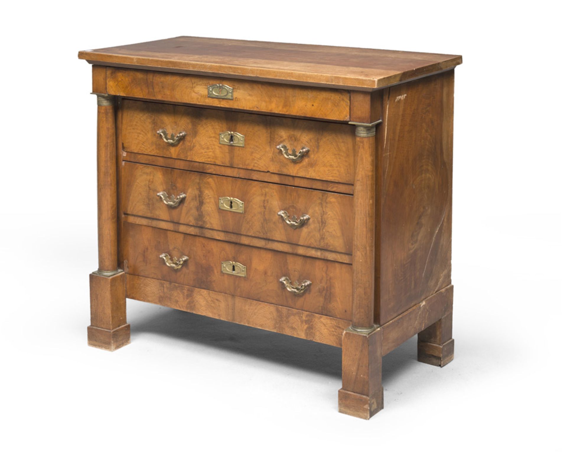 Walnut-tree Commode with gilded metal finishes, probably Piedmont, Empire period. Measures cm. 94