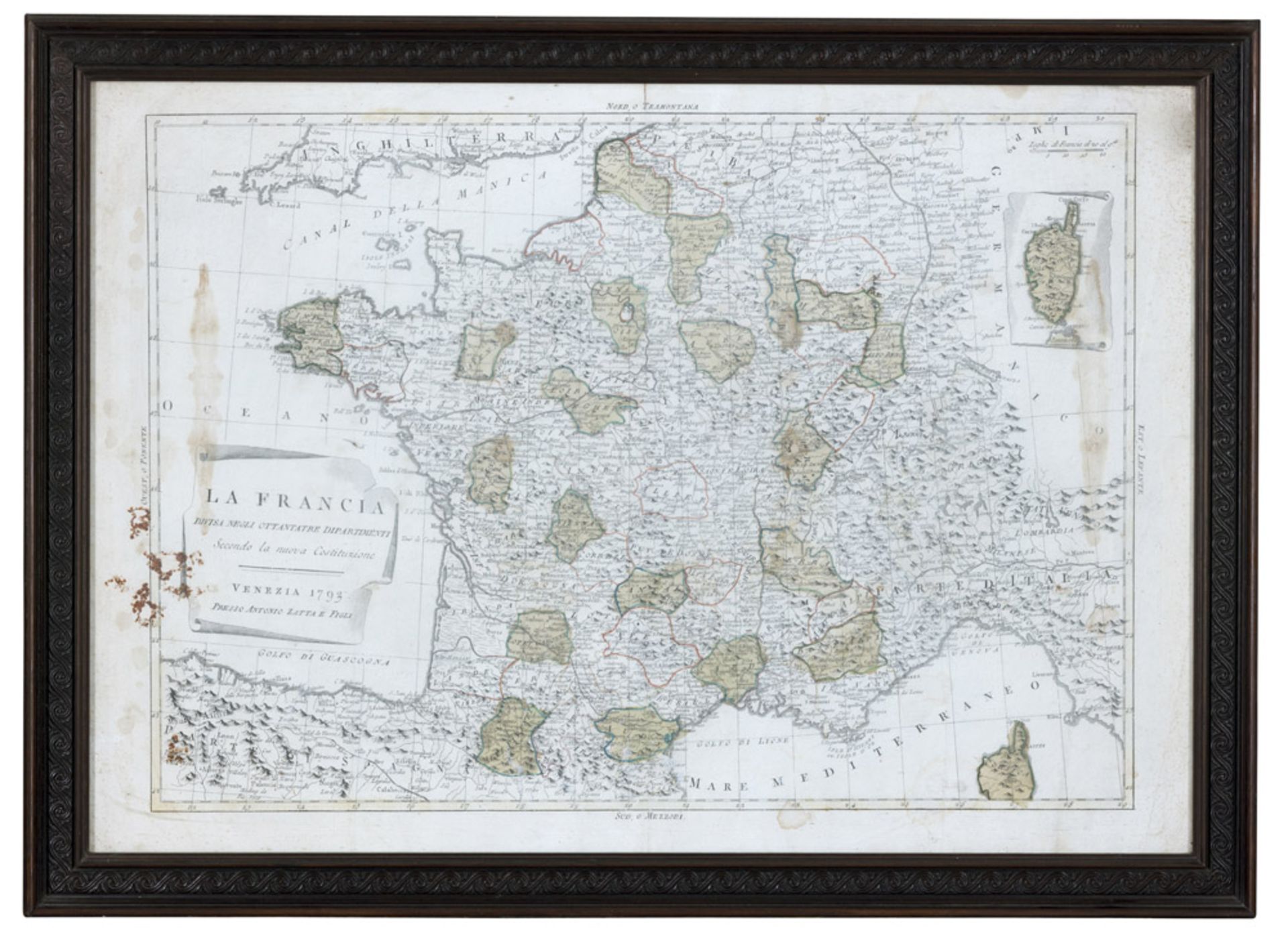 Italian engraver, late 18th century. France. Coloured geographical etching, cm. 46 x 64.INCISORE