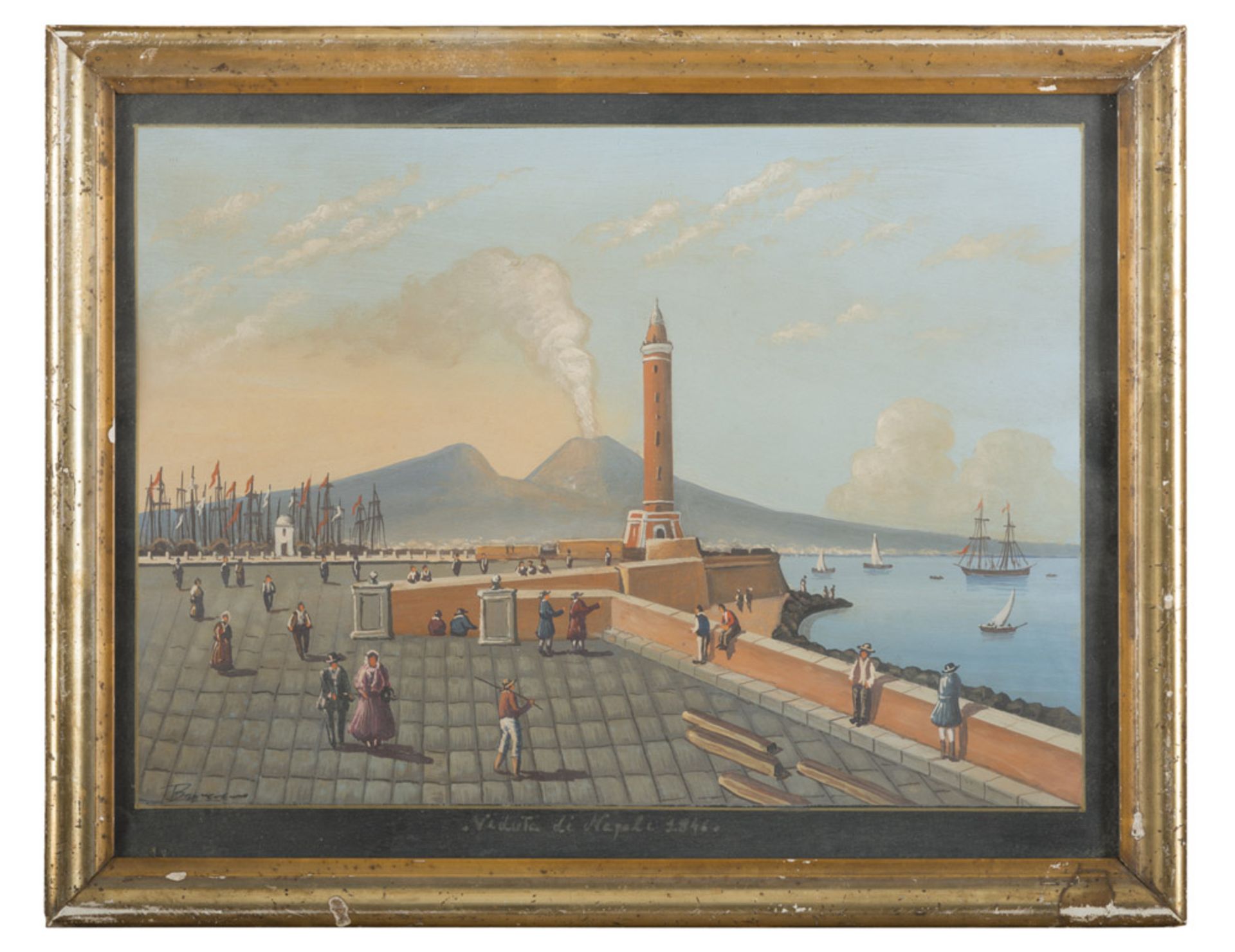 Neapolitan painter, 20th century. View in Naples 1846. Gouache, cm. 32 x 41.PITTORE NAPOLETANO,