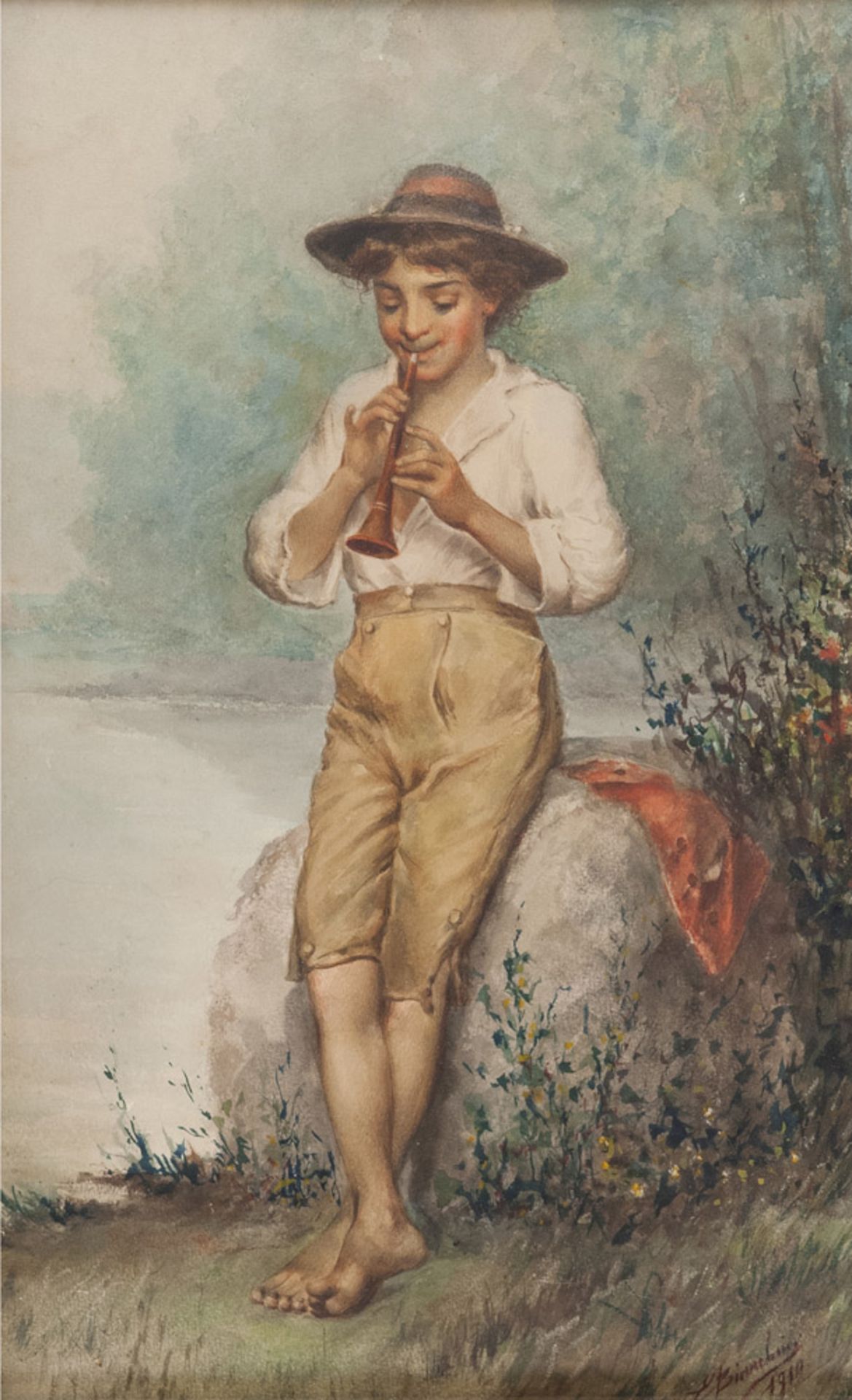 Italian painter, early 20th century. Little boy piper.