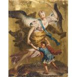 Neapolitan painter, second half 18th century. The guardian angel. Oil on copper cm. 27 x 21.