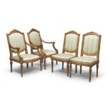 Set of a pair of clear walnut-tree armchairs and two chairs, late of period of Louis XVI. Measures