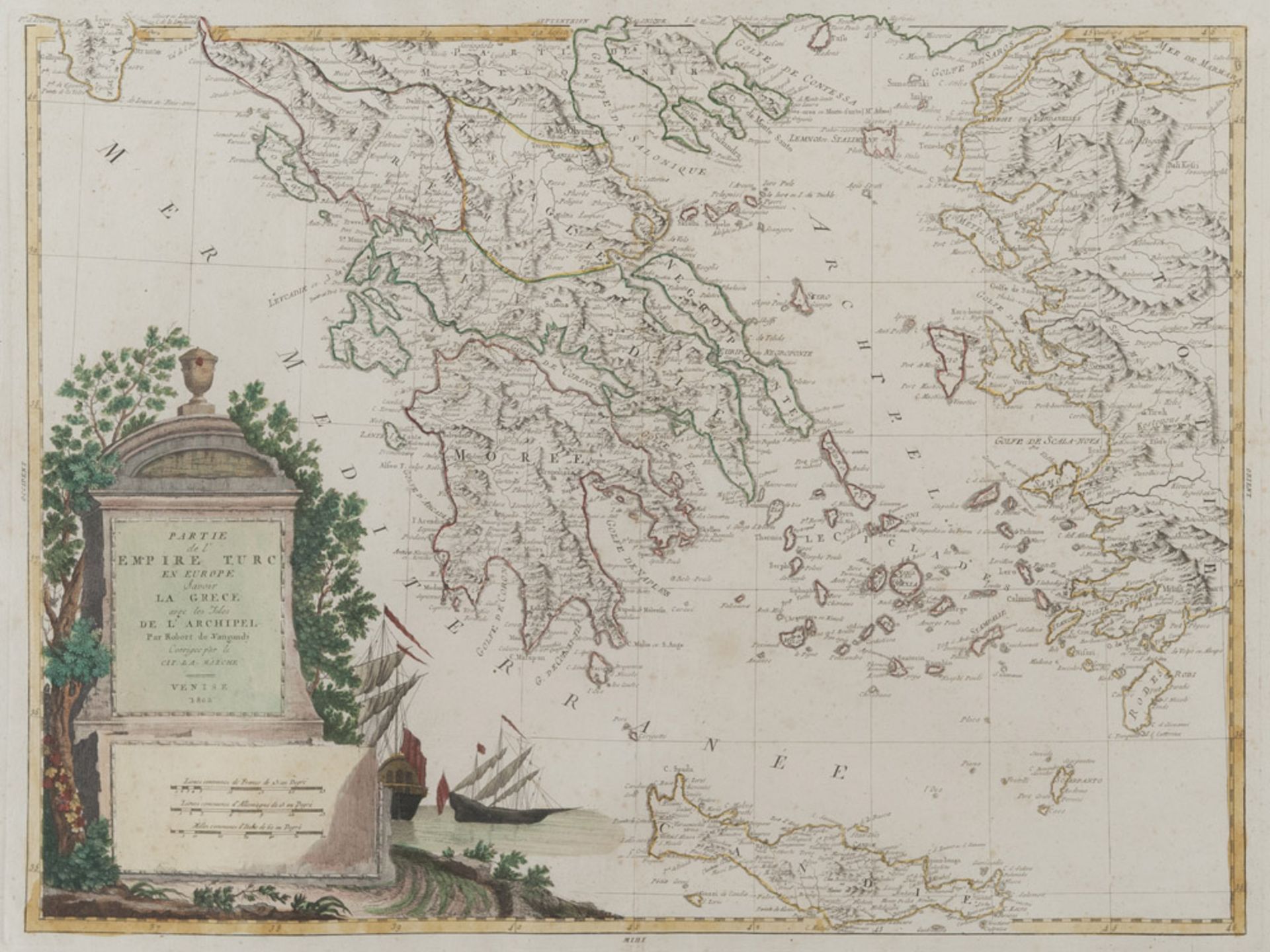 French engraver, early 19th century. Turkish and Greece. Color geographical print, cm. 48 x 61.