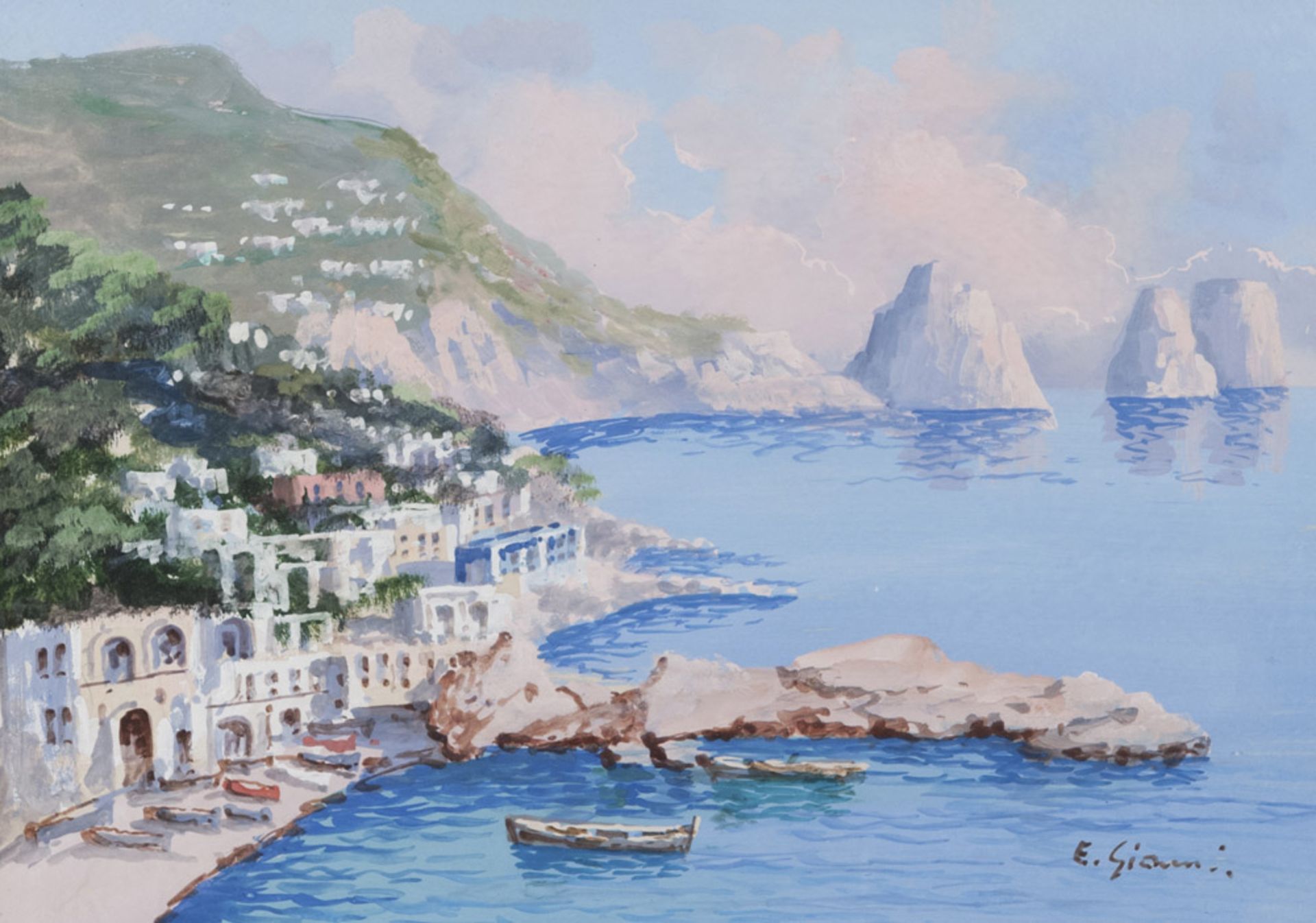 Neapolitan painter, 20th century. View of Capri with the Faraglionis. Gouache, cm. 24 x 34.PITTORE