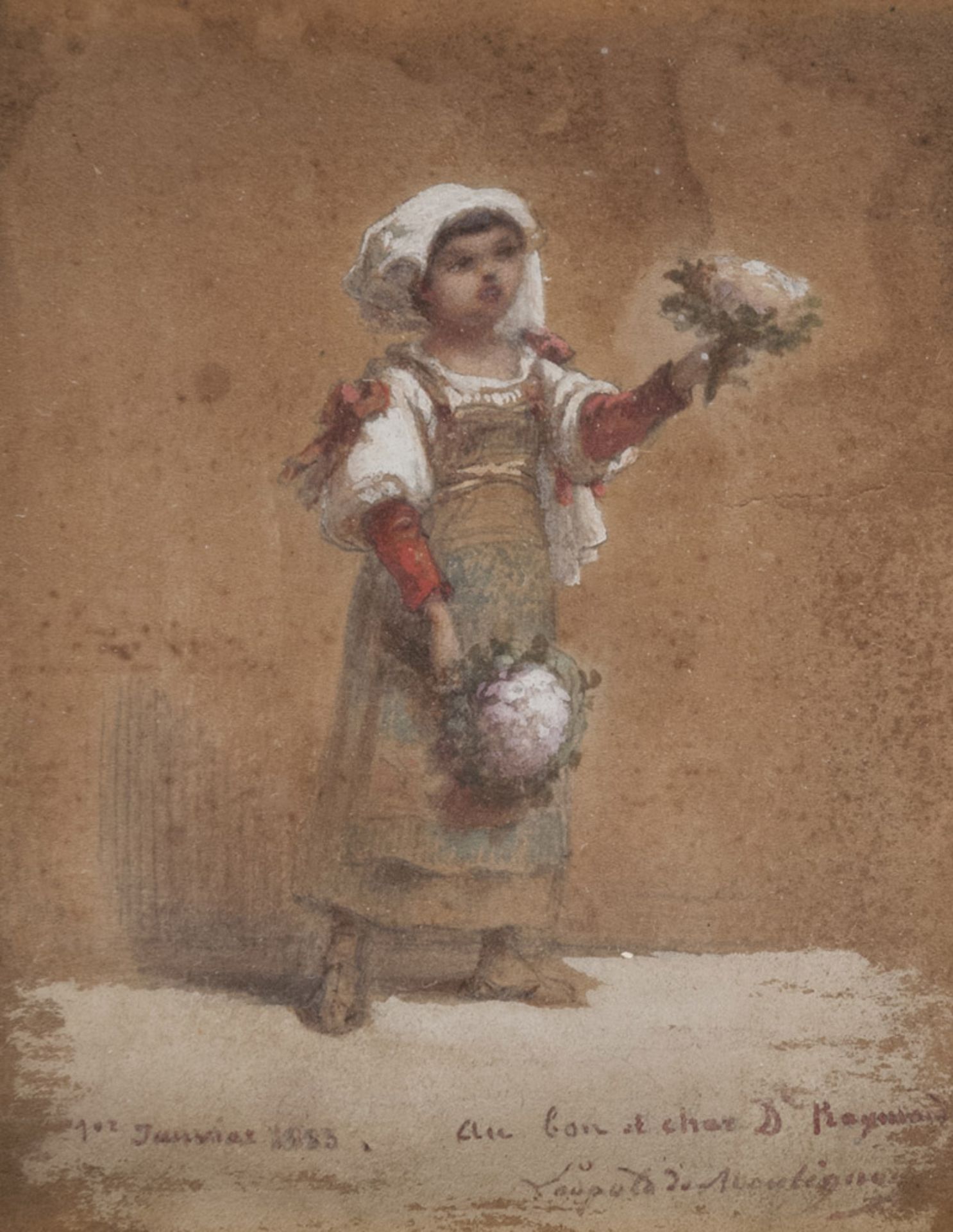 Leopold De Moulignon (Pontoise 1821 - Paris 1897). Small flowers seller. Gouache, cm. 12 x 10.