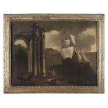 Dutch painter active in Italy, late 17th century. View of harbour with ruins. Oil on canvas, cm.