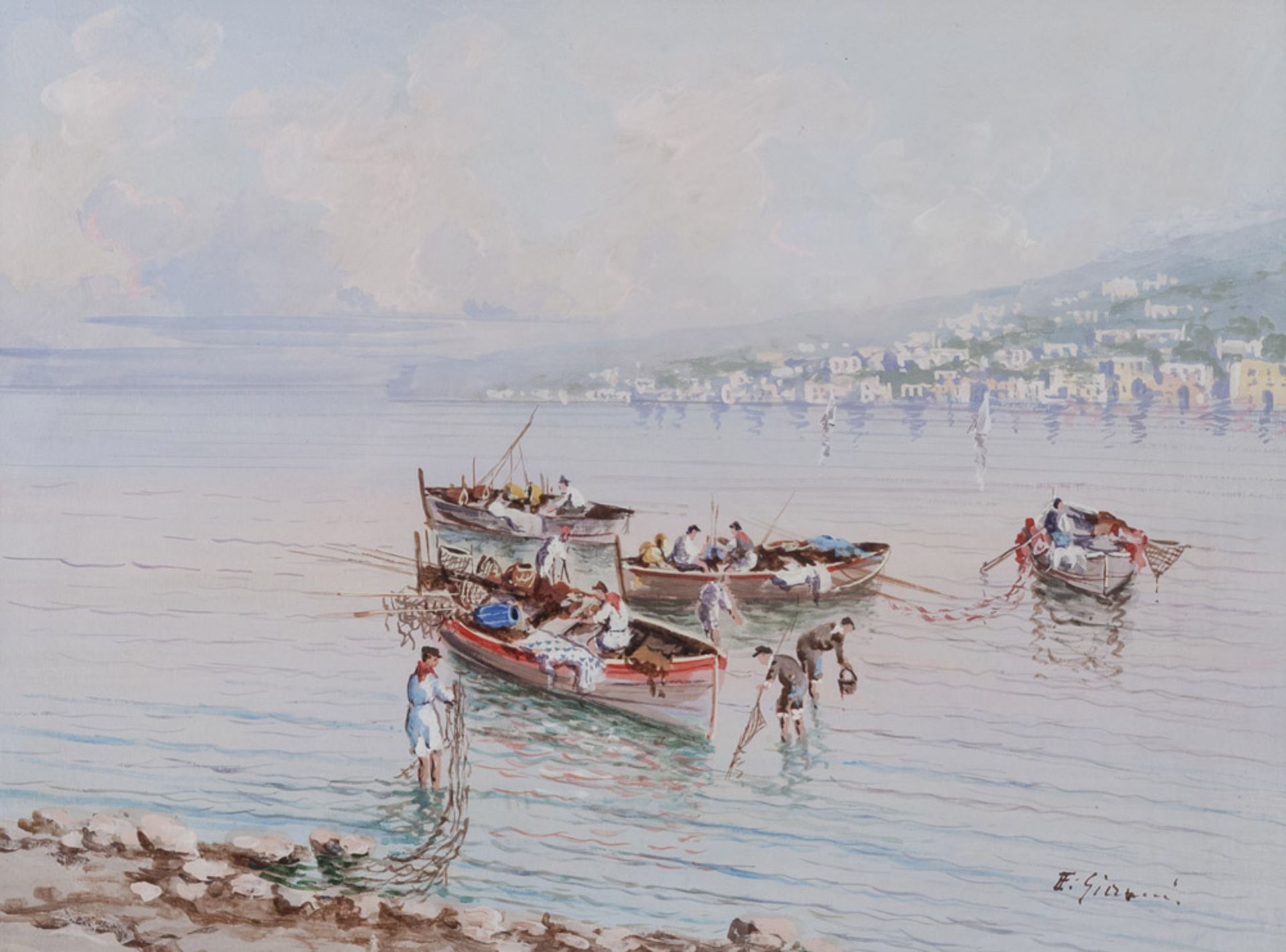 Neapolitan painter, 20th century. Fishermen's boats to Shore. Gouache, cm. 30 x 40.PITTORE