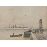 European painter, early 20th century. Quay with lighthouse and departure of a ship.