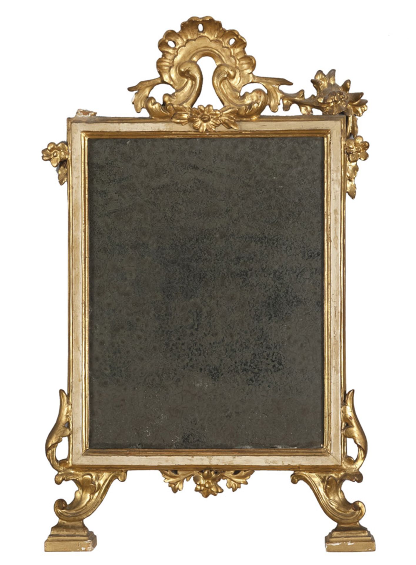 Giltwood and white lacquered mirror, probably Naples 18th century. Measures cm. 60 x 36.PICCOLA