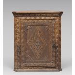 Fir corner cupboard of Renaissance style, late 19th century. Measures cm. 104 x 50 x 87.ANGOLIERA IN