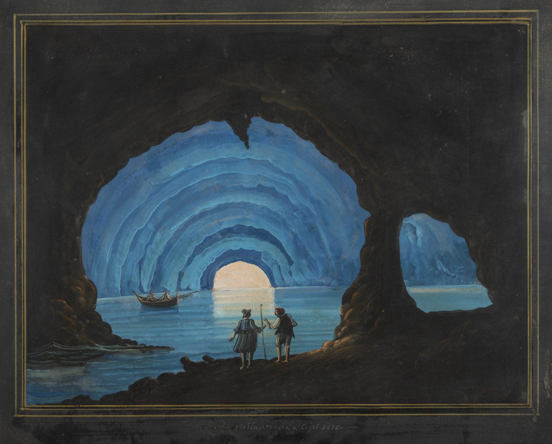 Neapolitan painter, early 20th century. The blue cave in Capri 1836. Gouache, cm. 52 x 62.PITTORE