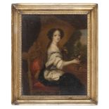 Flemish painter, 18th century. Portrait of nobil woman with small composition of flowers. Oil on