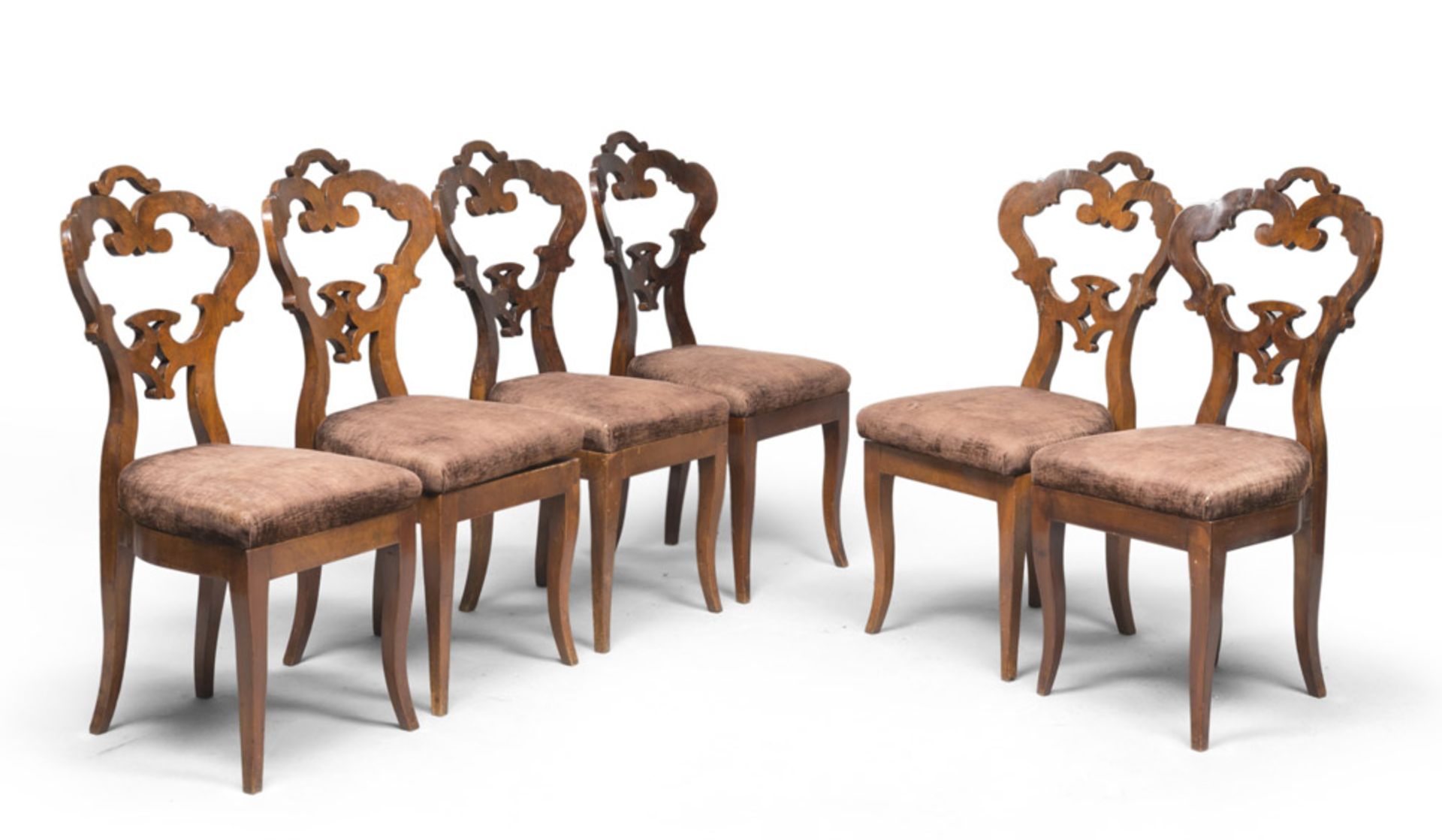 Six walnut-tree chairs, central Italy 19th century. Measures cm. 98 x 48 x 50.SEI BELLE SEDIE IN