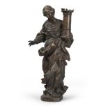 Roman sculptor, 17th century. Santa Barbara. Burnished bronze sculpture, cm. 68 x 31 x 30.SCULTORE