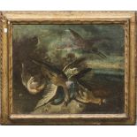 NEAPOLITAN PAINTER, 18TH CENTURY LANDSCAPE WITH STILL-LIFE OF BIRDS Oil on canvas, cm. 51 x 64