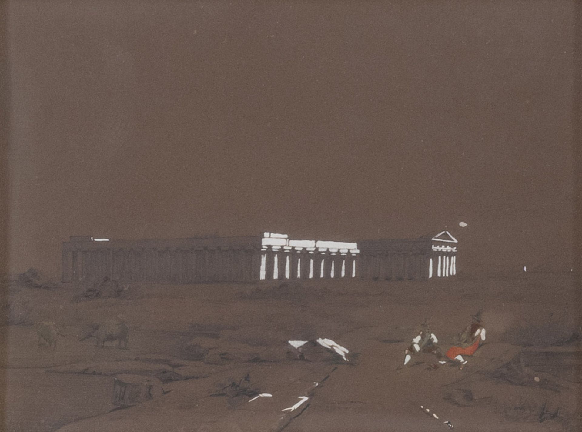 Italian painter, 20th century. View in Pompeii with the Vesuvius. Pencil and gouache on brown paper,
