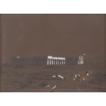 Italian painter, 20th century. View in Pompeii with the Vesuvius. Pencil and gouache on brown paper,