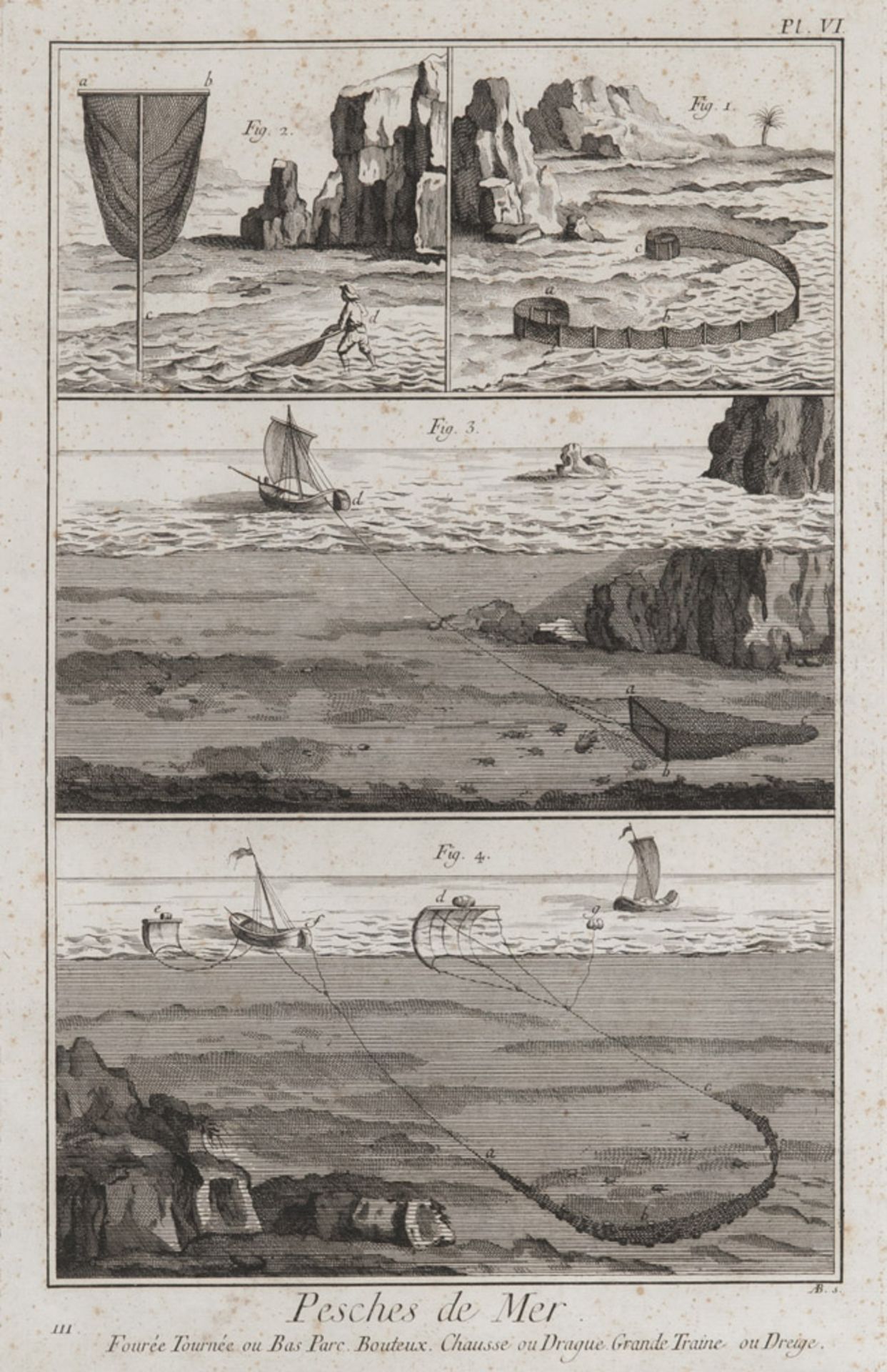 French engraver, 18th century. Typologies of the fishing. A pair of tripartite etchings, cm. 41 x