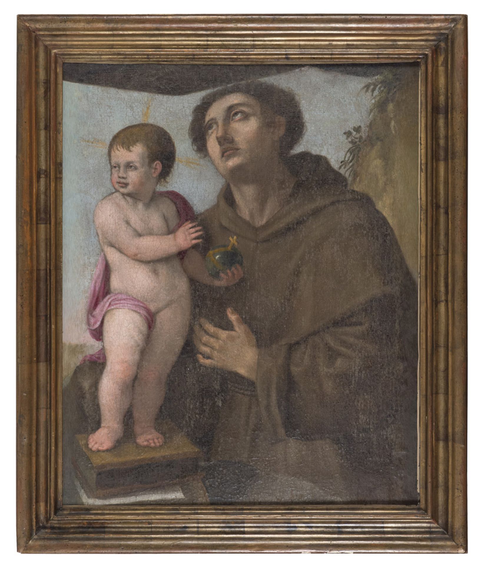 Northern Italy Painter, 17th century. Saint Antony from Padua with Child. Oil on canvas, cm. 68 x