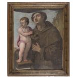 Northern Italy Painter, 17th century. Saint Antony from Padua with Child. Oil on canvas, cm. 68 x