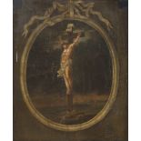 North Italian Painter, 18th century. Christ crucified in landscape within oval frame. Oil on canvas,