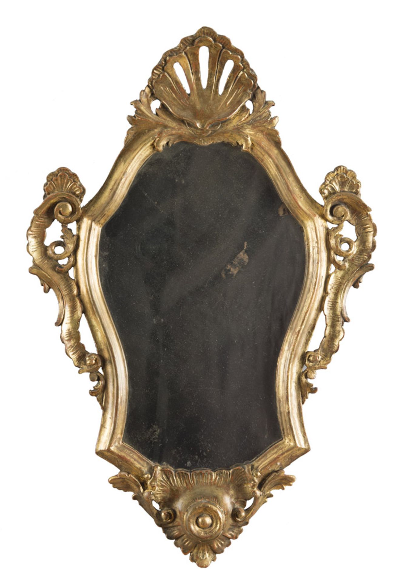 Giltwood mirror, 19th century. Measures cm. 71 x 48.SPECCHIERA IN LEGNO DORATO, ELEMENTI DEL XVIII