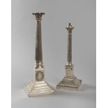 TWO CHANDELIERS IN SILVER PUNCH LONDON BEGINNING 20th CENTURY with stem to column rudentata and base