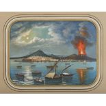 Neapolitan painter, 20th century. View of the Gulf in Naples with eruption. Gouache, cm. 23 x 31.