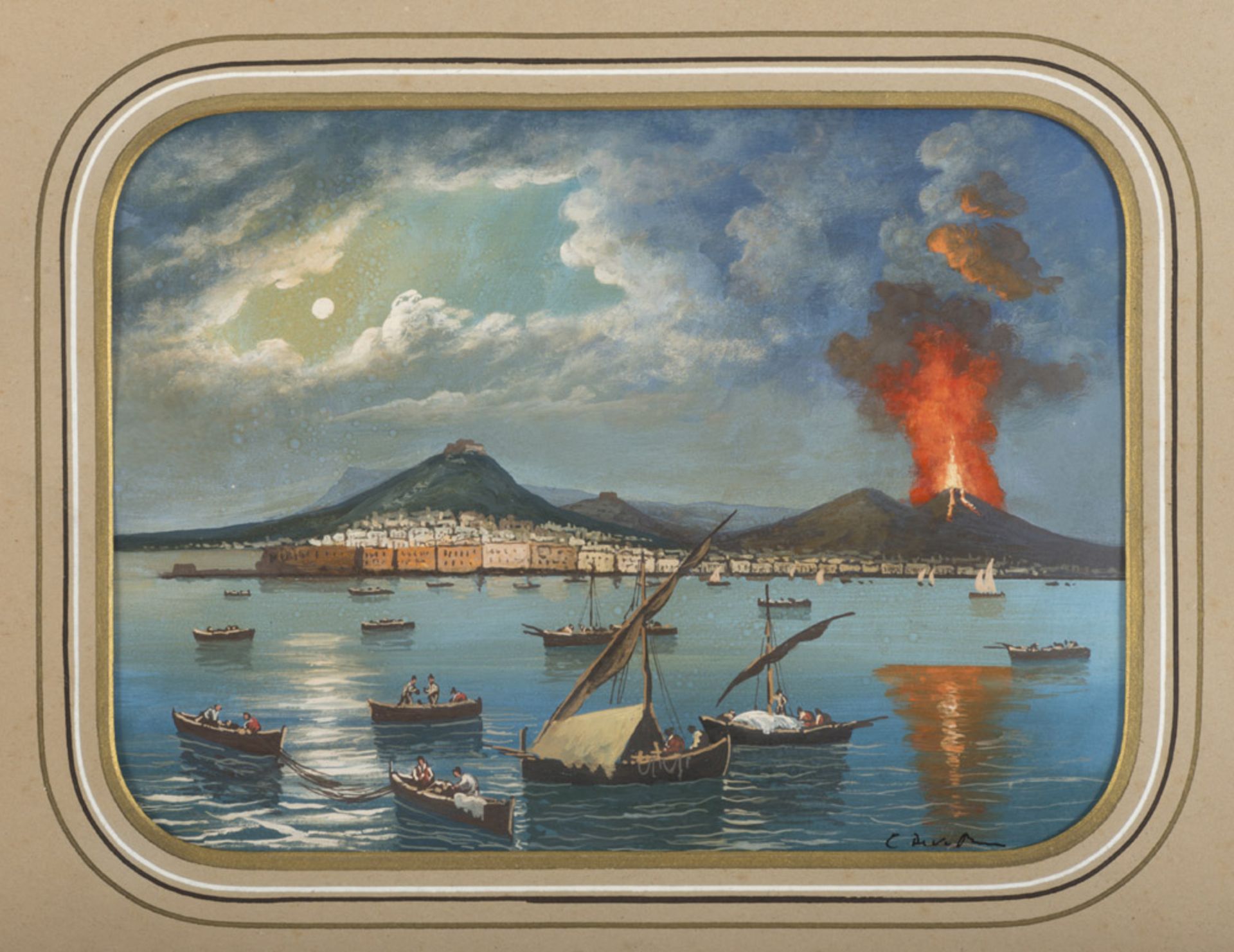 Neapolitan painter, 20th century. View of the Gulf in Naples with eruption. Gouache, cm. 23 x 31.